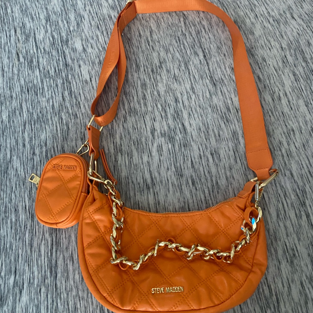 Orange Quilted Shoulder Bag with Chain Detail
